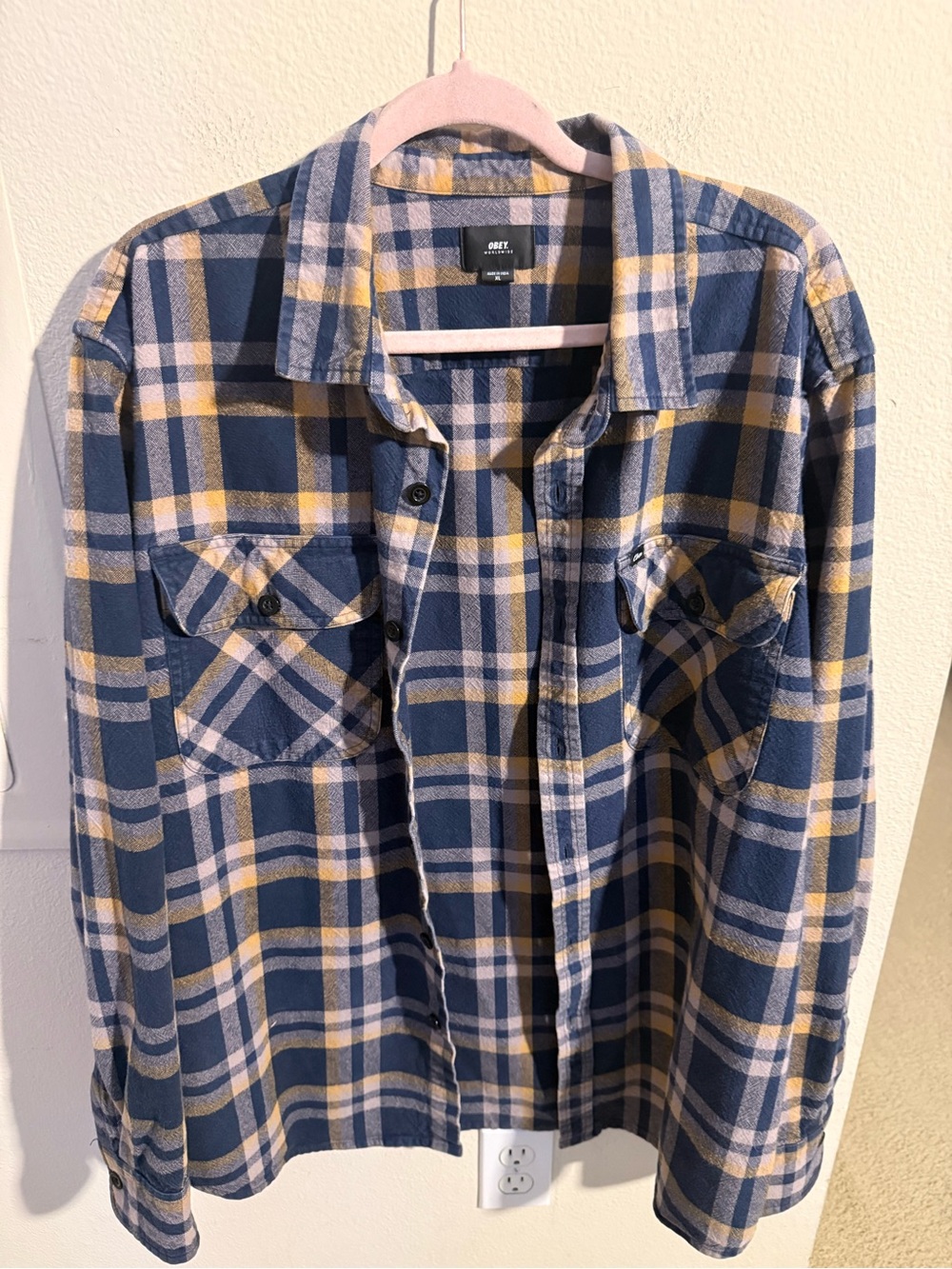 Obey Worldwide Blue Tan Plaid Flannel Button Up Shirt Men’s XL Skate Streetwear